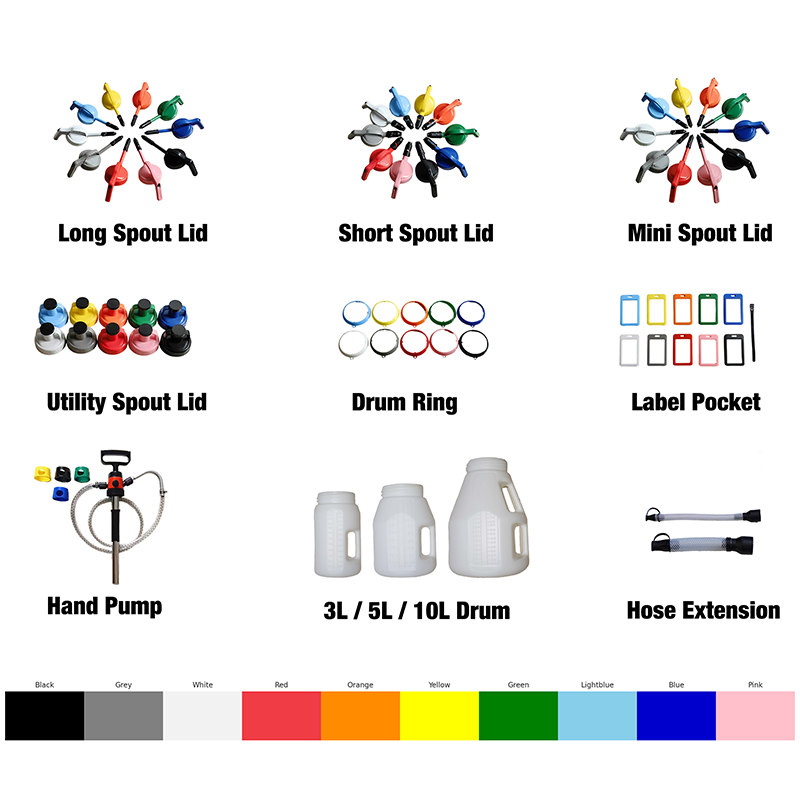 Color-Coded Oil Transfer Containers preventing cross-contamination